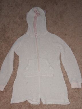 Cozy Hooded Girls' Plush Romper - White with Pink Trim